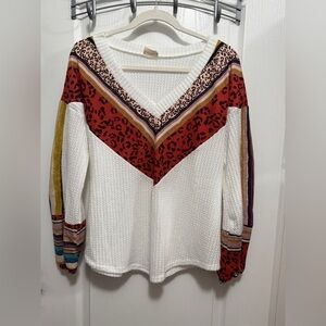 Lovely Melody Brushed Waffle V-Neck top women’s S boho peasant print leopard EUC